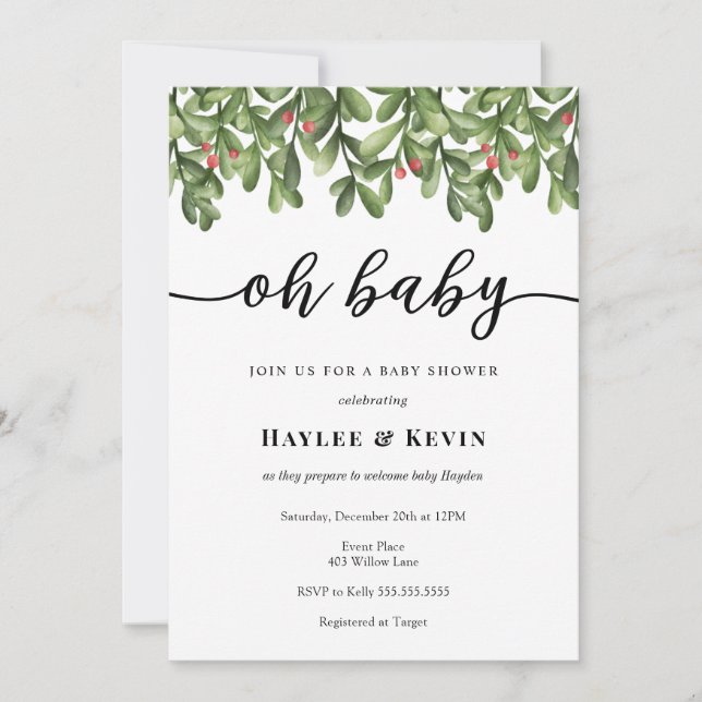 "Oh Baby" Winter Greenery Baby shower invitation (Devant)