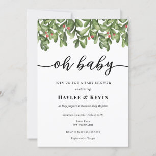 "Oh Baby" Winter Greenery Baby shower invitation
