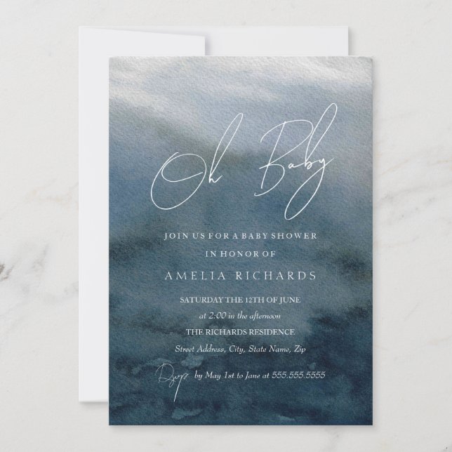 Oh Bébé Bleu Invitation Baby Shower Aquarelle  (Devant)