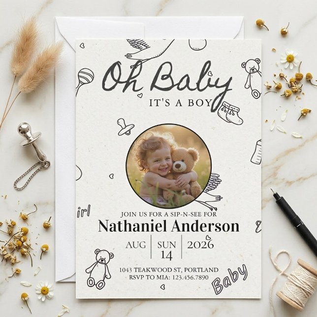 Oh Bébé C'est Un Garçon Invitation Photo Sip N See (Créateur téléchargé)