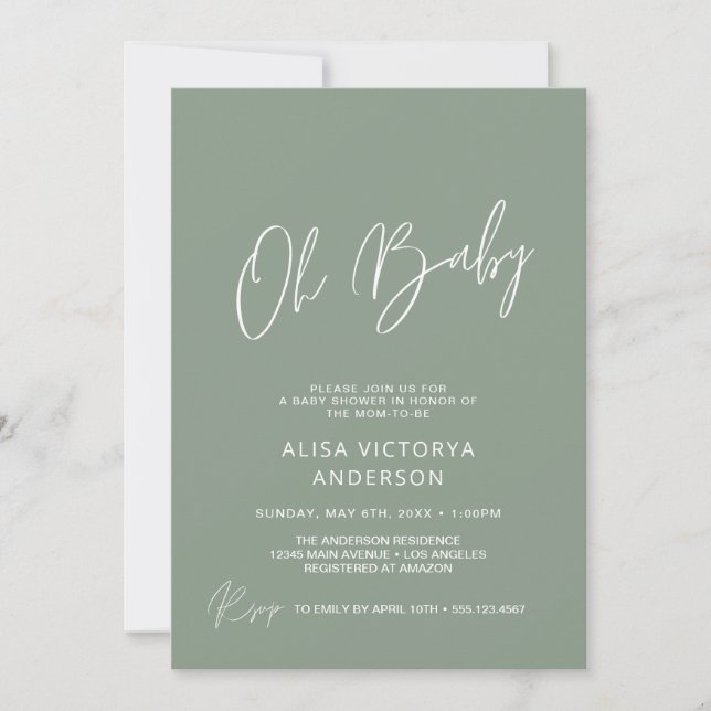 Oh Bébé Dusty Green Invitation Simple de Douche (Devant)
