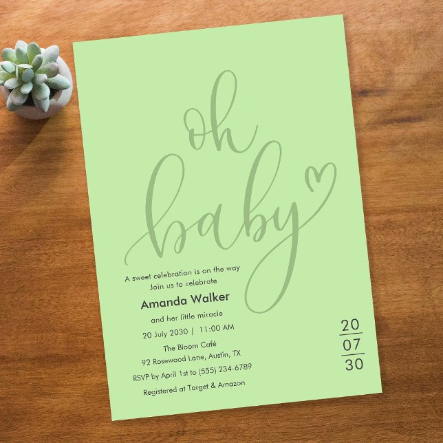 Oh Bébé !  Élégant faire-part de Baby Shower vert  (Oh Baby! Elegant Sage Green Script Baby Shower Invitation)