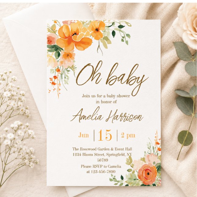 Oh Bébé! Élégante invitation à la baby shower flor (Créateur téléchargé)