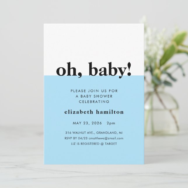 Oh Bébé ! Faire-part de Baby Shower Bleu et Blanc (Debout devant)