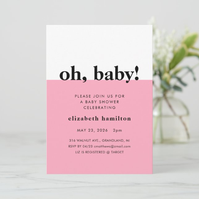 Oh Bébé ! Faire-part de baby shower rose et blanc (Debout devant)