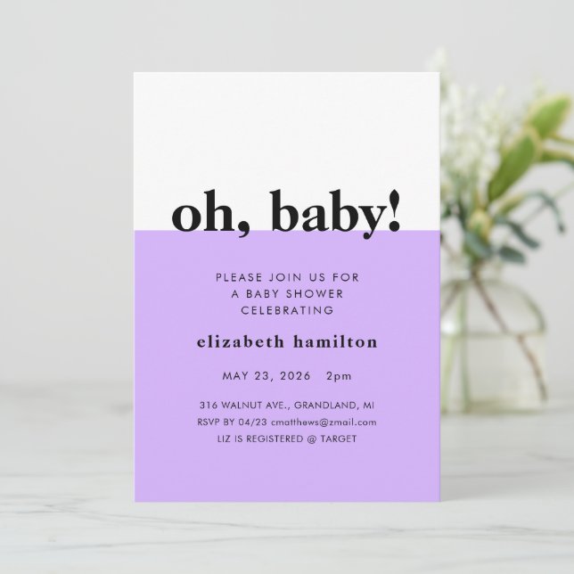 Oh Bébé ! Faire-part de Baby Shower Violet et Blan (Debout devant)