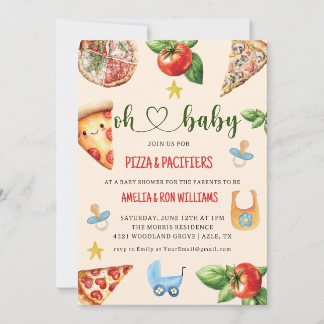 Oh Bébé Pizza + Tétines Invitation à la Baby Showe (Devant)