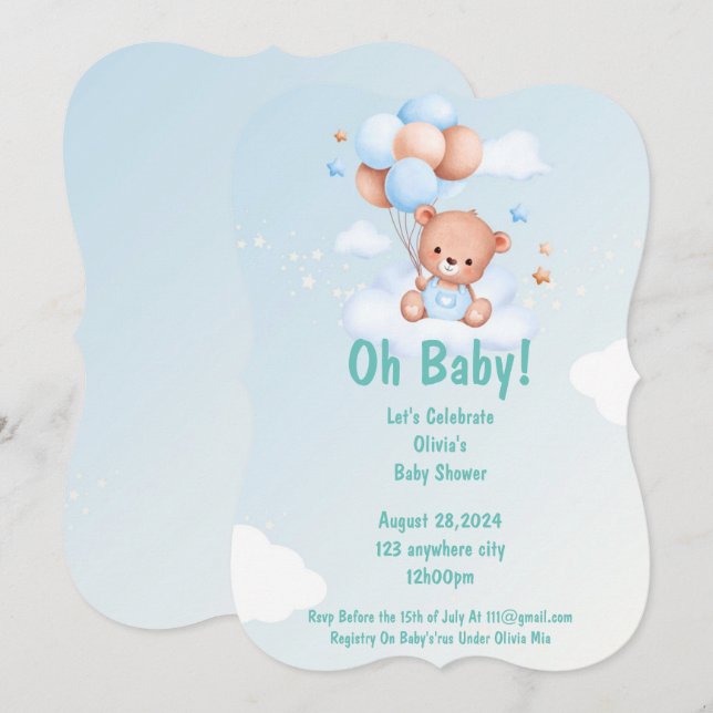 OH BÉBÉ TEDDY OURS BABY SHOWER INVITATION POUR LES (Devant / Derrière)