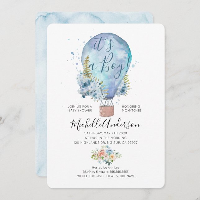 Oh Boy Balloon Baby shower Invitation (Devant / Derrière)