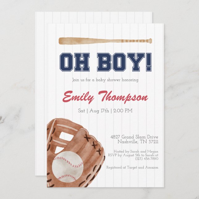 Oh Boy Baseball Baby shower Invitation (Devant / Derrière)