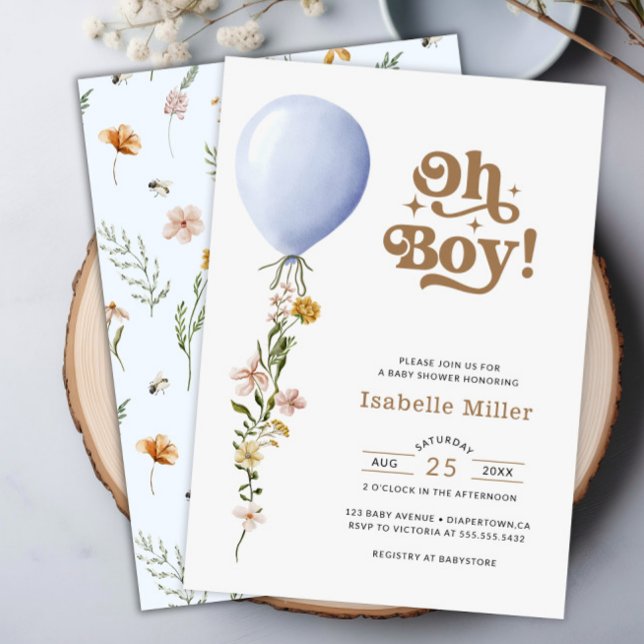 Oh Boy Blue Balloon Floral Baby shower Invitation (Oh Boy Blue Balloon Floral Baby Shower Invitation)