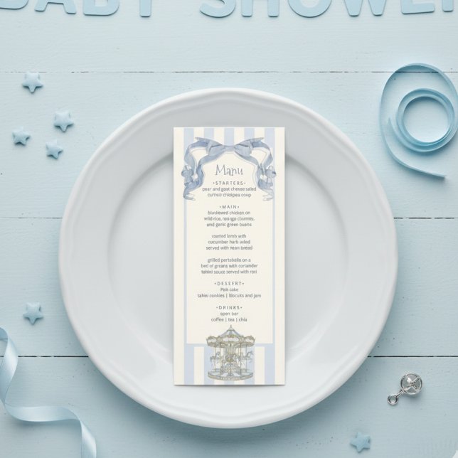 Oh Boy Blue Bow Carousel Baby Shower Menu Card  (Créateur téléchargé)
