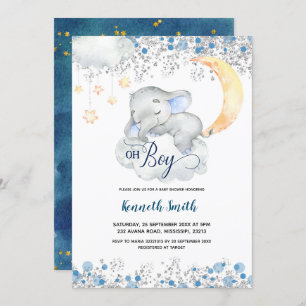 Oh Boy Blue Elephant Baby shower Invitation