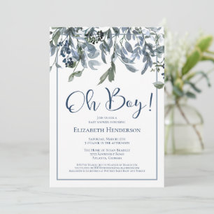 Oh Boy Blue Floral Green Baby shower Invitation