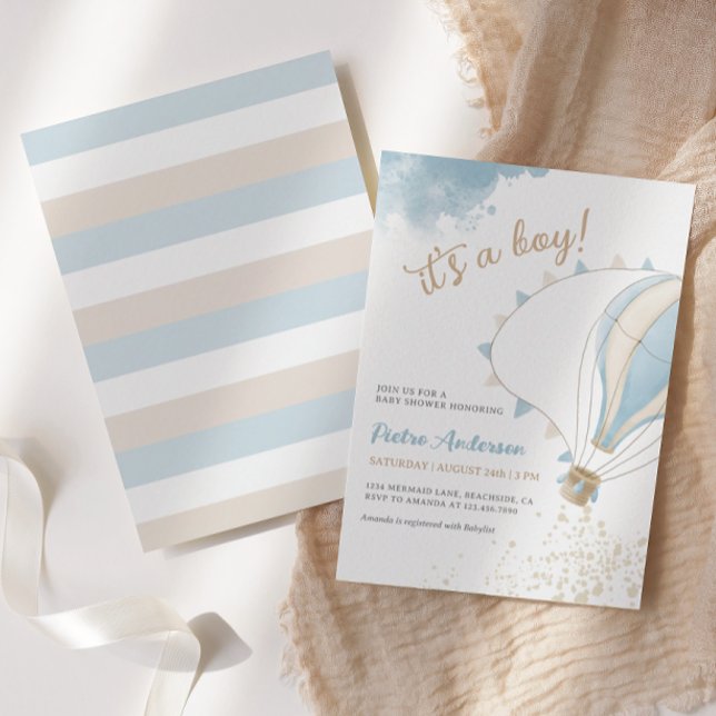 Oh Boy Blue Hot Air Balloon Baby shower Invitation (Créateur téléchargé)