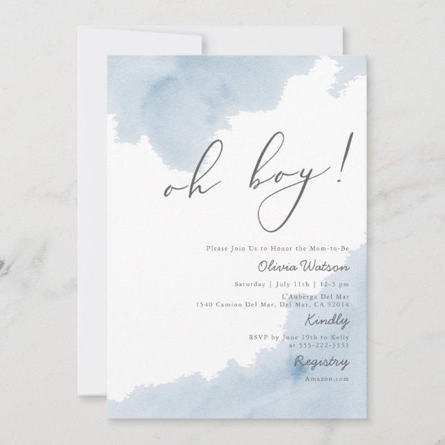 Oh Boy Blue Watercolor Baby shower Invitation (Devant)