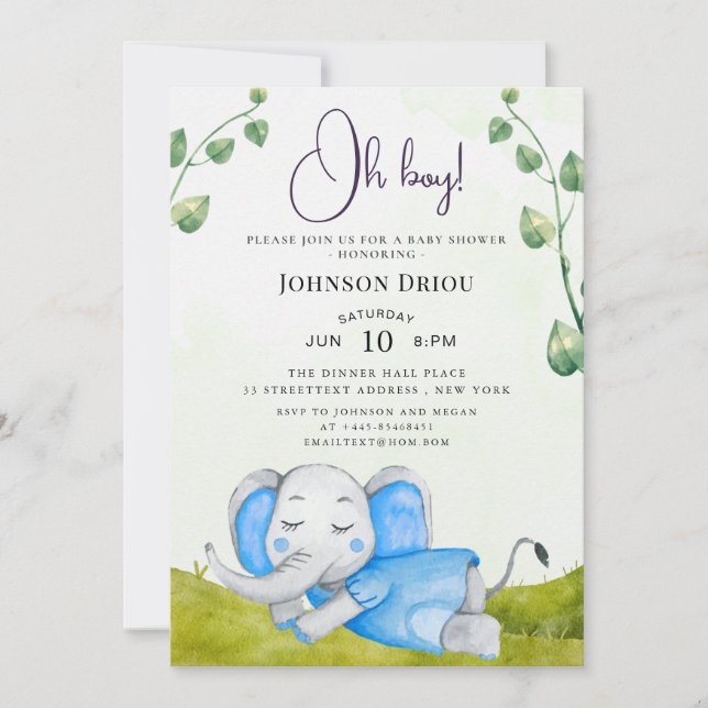 Oh Boy Elephant Baby Shower Invitation (Devant)
