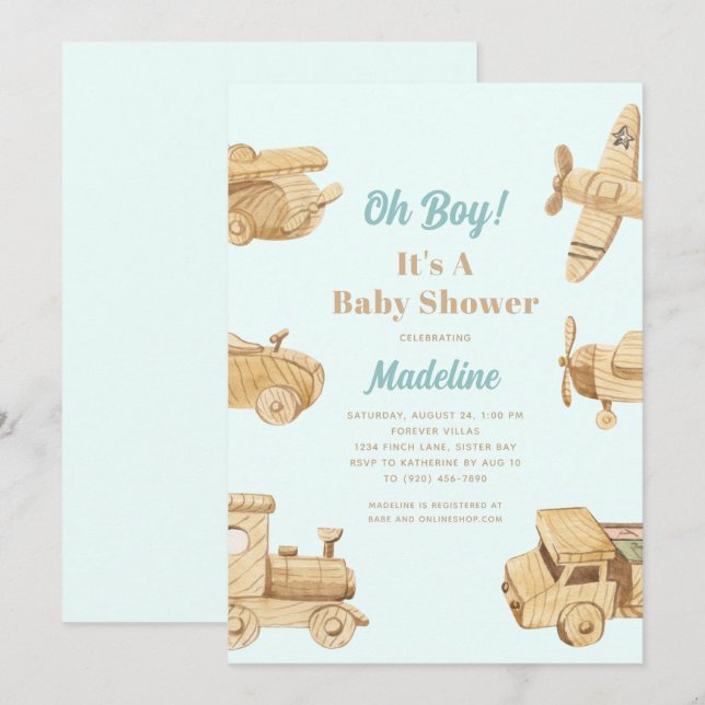 Oh Boy Jouets en bois Baby shower Invitation (Devant / Derrière)