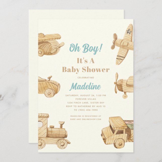 Oh Boy Jouets en bois Baby shower Invitation (Devant / Derrière)