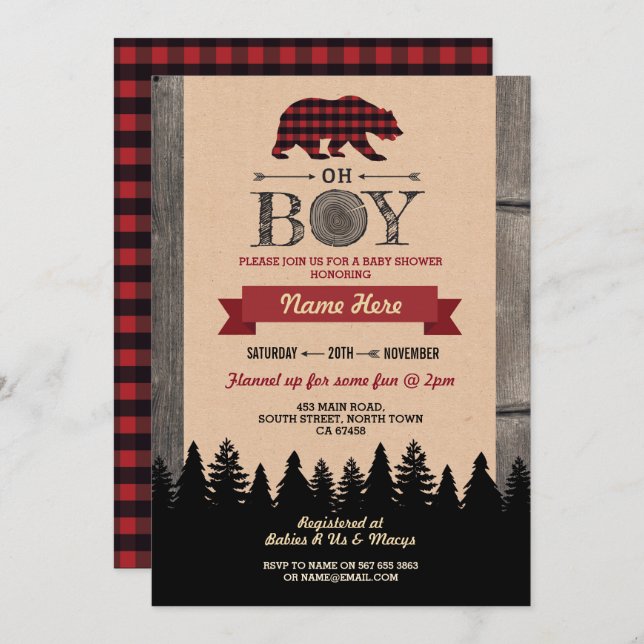 Oh Boy Lumberjack Baby shower Red Bear Invitation (Devant / Derrière)