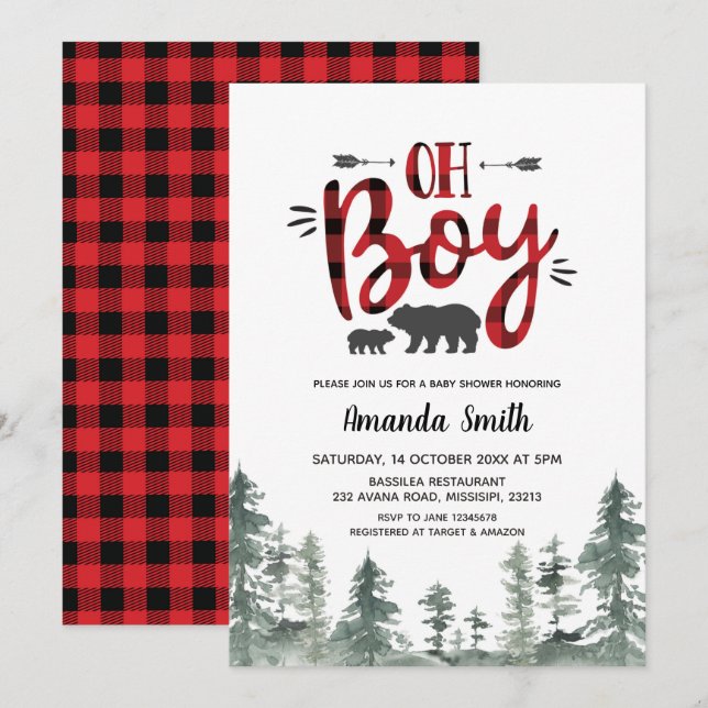 Oh Boy Lumberjack Forest Baby shower Invitation (Devant / Derrière)