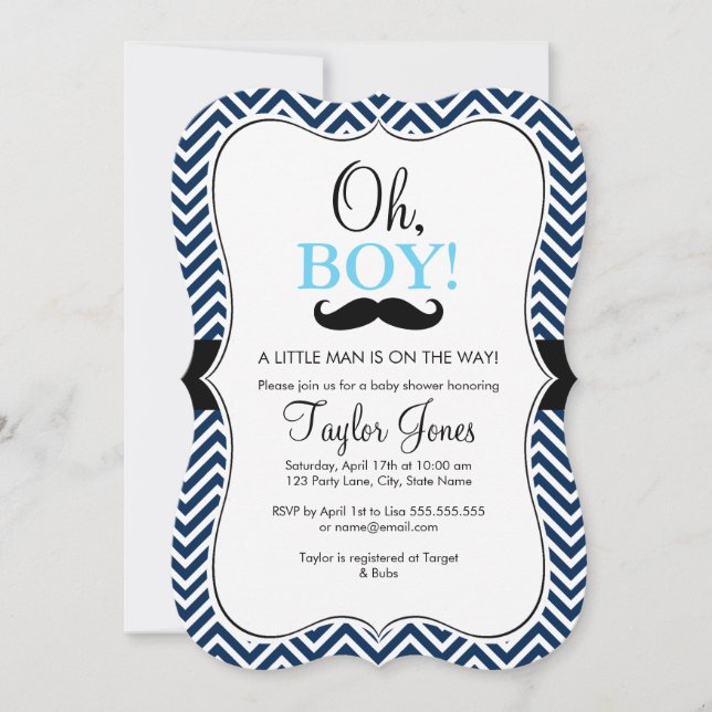 Oh Boy Mustache Baby shower Invitation / Bleu & Ma (Devant)
