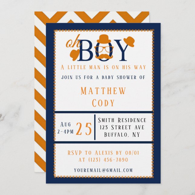 Oh Boy Orange et Baby shower bleu Invitation (Devant / Derrière)
