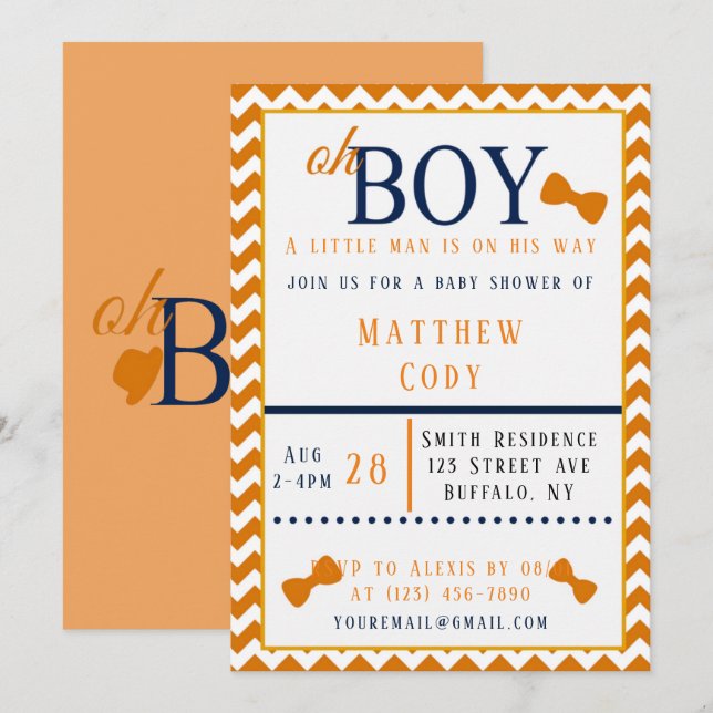 Oh Boy Orange et Baby shower bleu Invitation (Devant / Derrière)