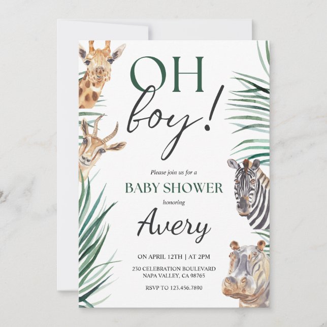 Oh Boy Safari Animaux Baby shower Invitation (Devant)