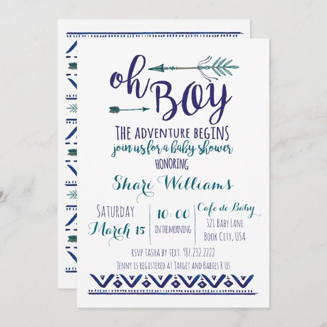 Oh Boy Tribal Baby shower Invitation - TURQUOISE C (Devant / Derrière)