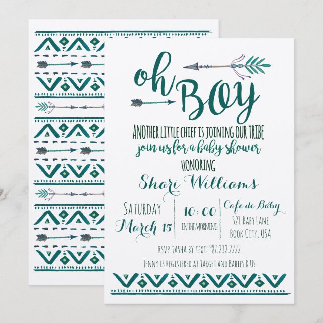 Oh Boy Tribal Baby shower Invitation -Vert (Devant / Derrière)