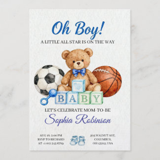 "Oh Boy" Watercolor Baby Shower Invitation