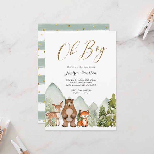 Oh Boy Woodland Animal Baby shower Invitation (Devant/Arrière en situation)