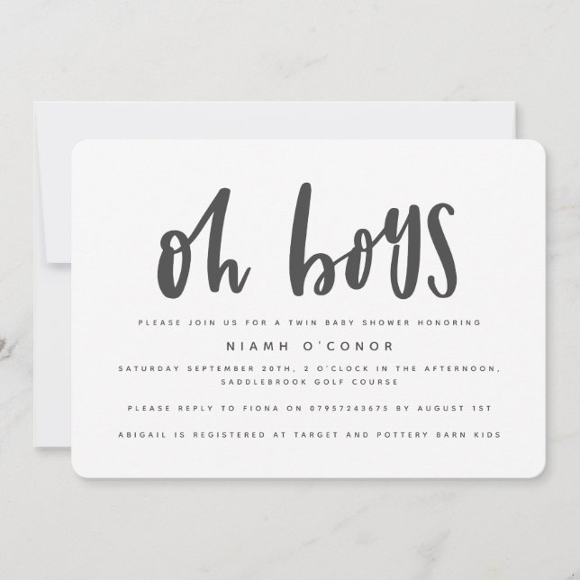 Oh boys twin baby shower invitation (Devant)