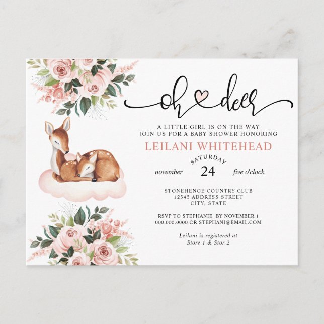 Oh Deer Baby shower aquarelle Invitation floral (Devant)