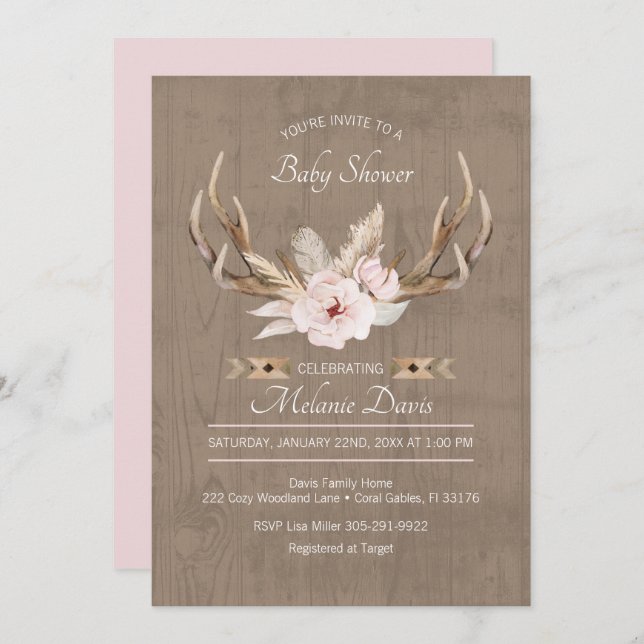 Oh Deer Baby shower Invitation - Forêt Florale W (Devant / Derrière)