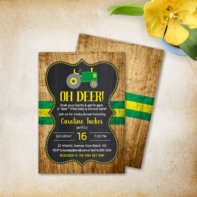 Oh Deer Green Tractor Baby shower Invitation (Créateur téléchargé)