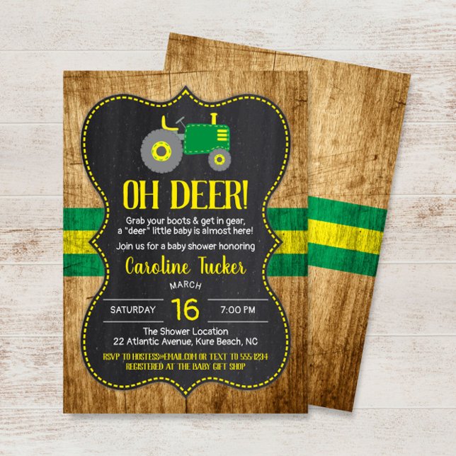 Oh Deer Green Tractor Baby shower Invitation (Créateur téléchargé)