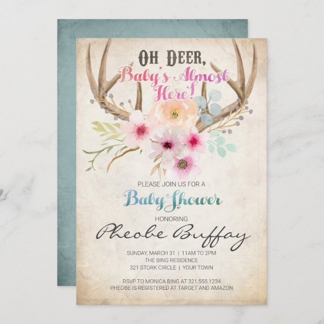 Oh Deer Rustic Baby shower Invitation (Devant / Derrière)