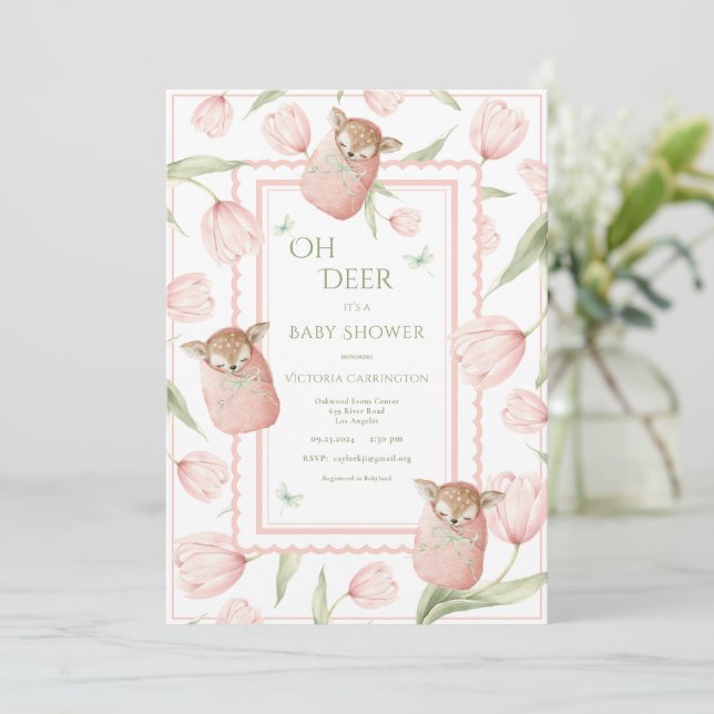 Oh Deer Tulips Pink Baby Shower Invitation (Debout devant)