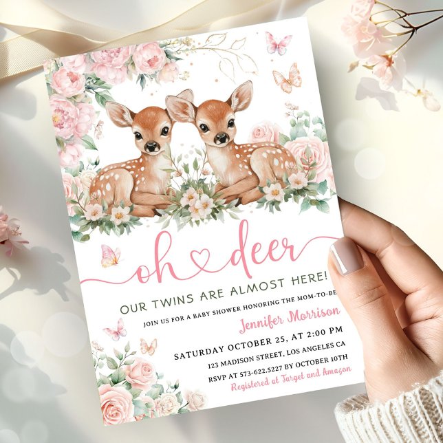 Oh Deer Twin Girls Baby Shower Pink Invitation (Créateur téléchargé)