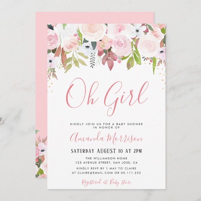 OH FILLE | invitation au baby shower floral (Devant / Derrière)