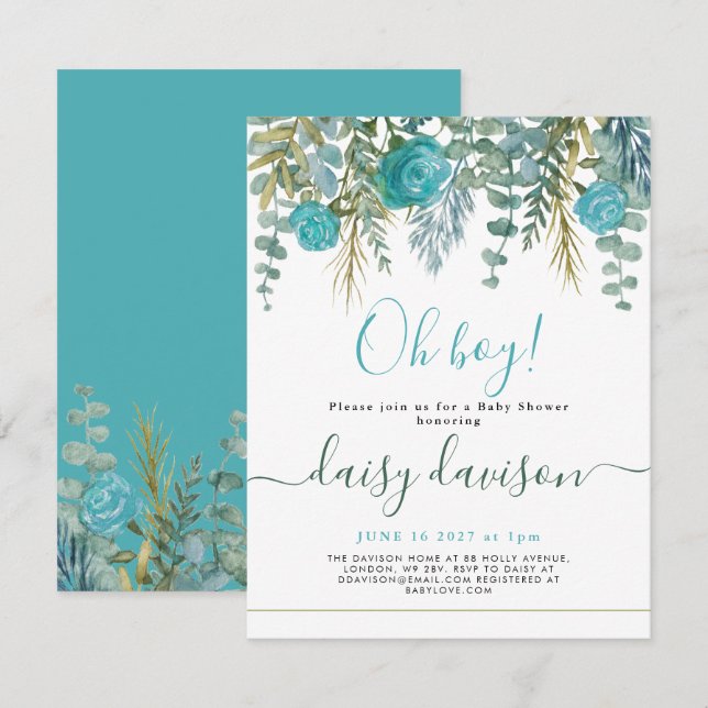 Oh garçon aquarelle Baby shower floral Invitation (Devant / Derrière)