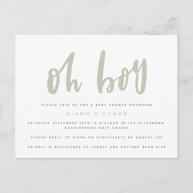Oh garçon carte de faire-part de baby shower. (Devant)