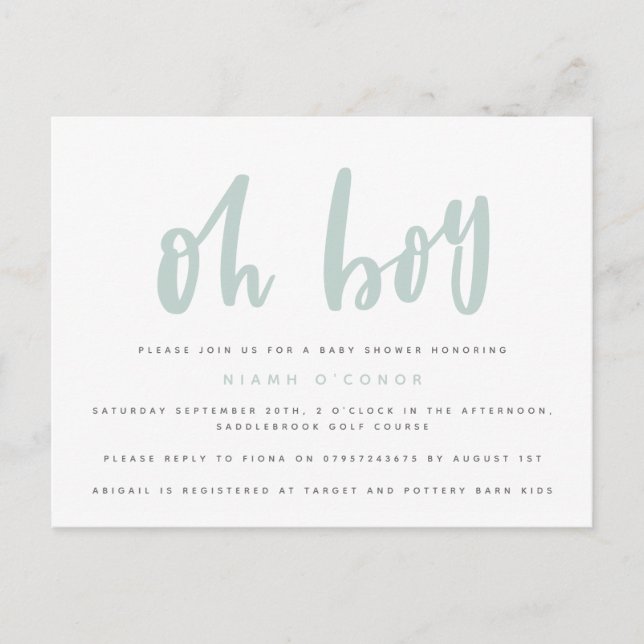 Oh garçon carte de faire-part de baby shower. (Devant)