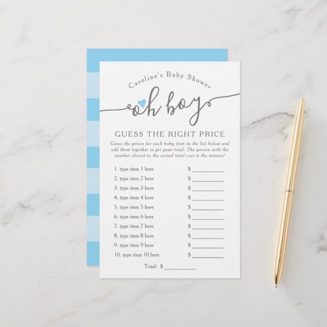 Oh garçon Devinez le bon prix Baby shower bleu jeu (Devant/Arrière en situation)