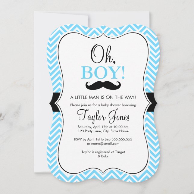 Oh Garçon Moustache Invitation Baby Shower / Bleu  (Devant)