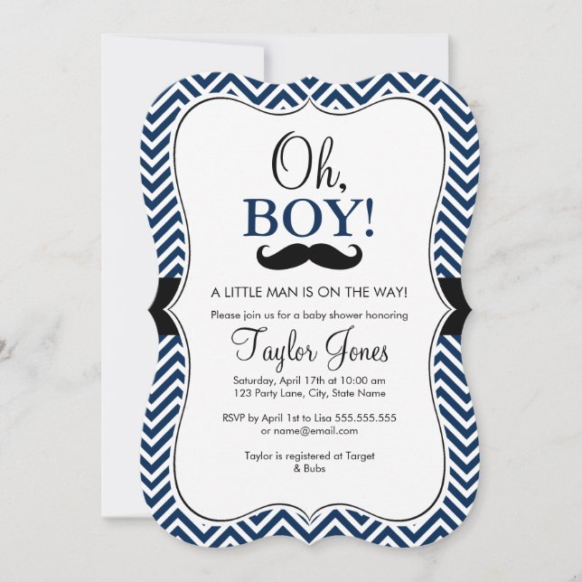 Oh Garçon Moustache Invitation Baby Shower / Bleu  (Devant)
