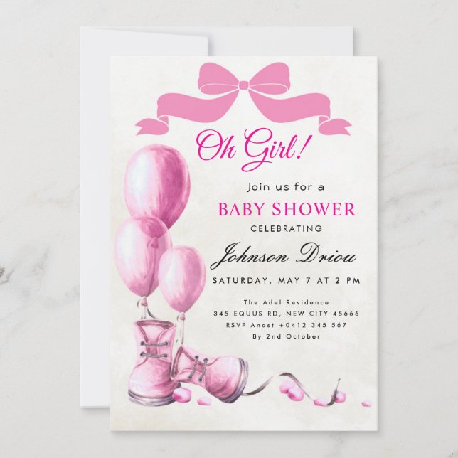 Oh Girl Baby Shower Invitation | Pink Watercolor  (Devant)