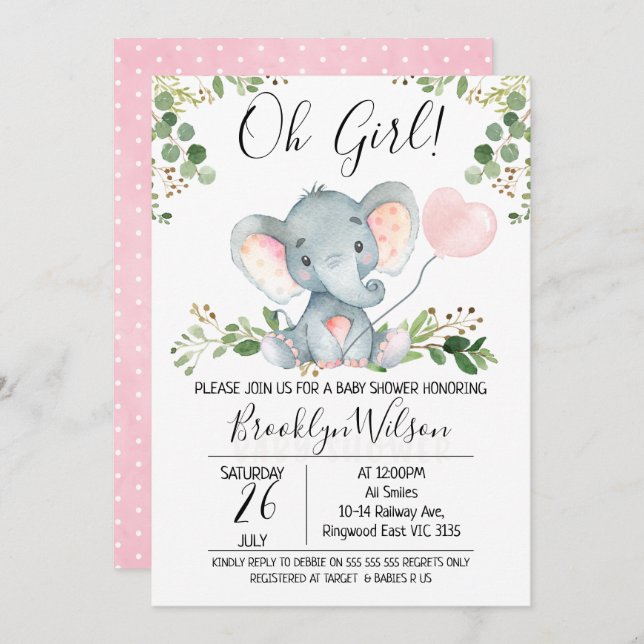 Oh Girl Elephant Balloon Baby shower Invitation (Devant / Derrière)